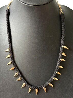 Necklace Black Spike Charms Gold Tone Braided Edgy Goth Leather Cord 24 inches